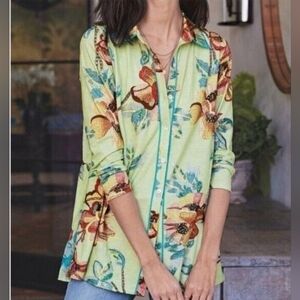 Soft Surroundings Elena Floral Cotton Tunic Top Medium Button Front